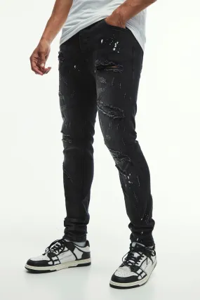 Skinny Stretch All Over Rip & Repair Paint Splatter Jeans