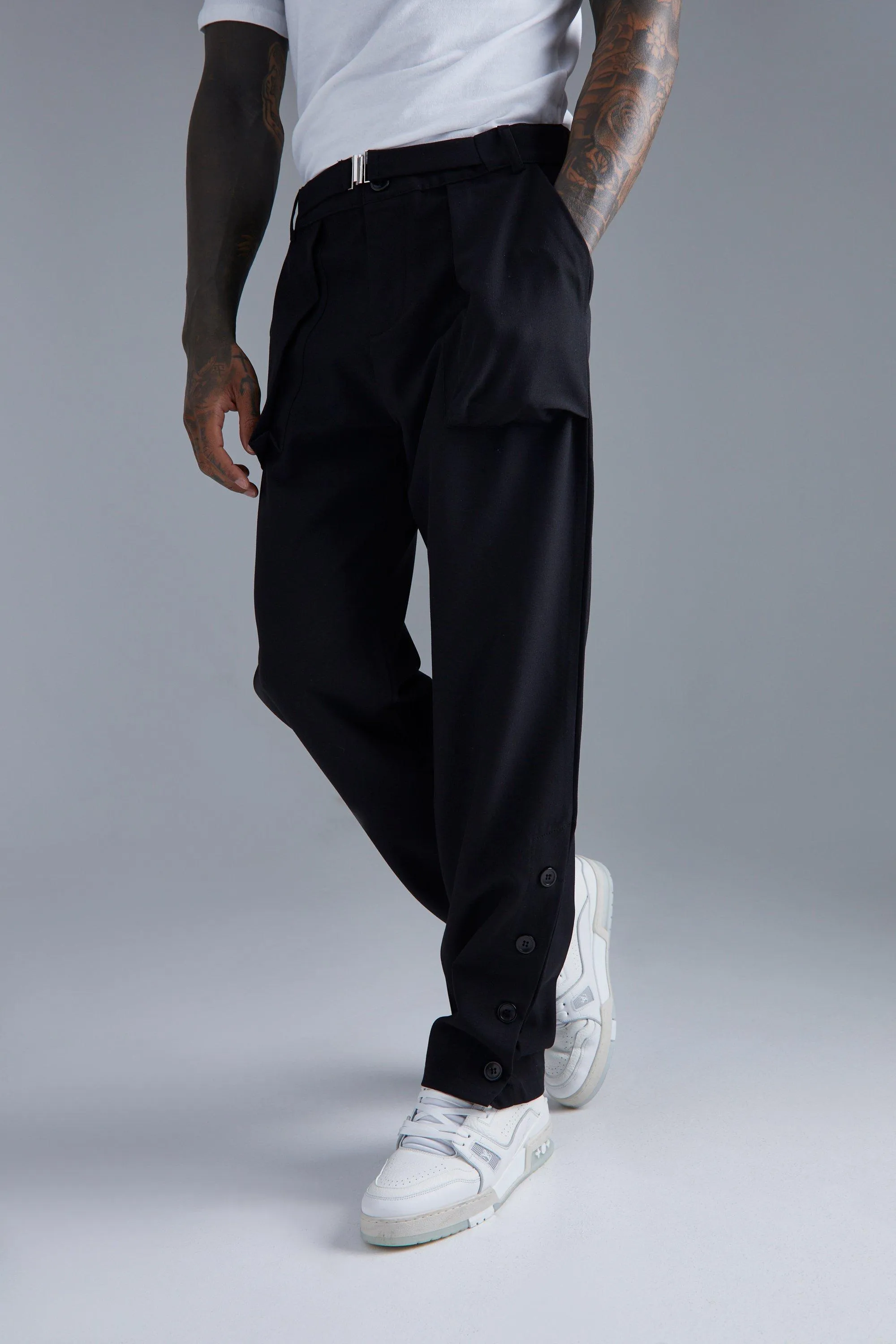 Straight Leg Button Detail Pants