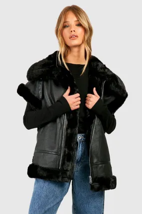 Super Oversized Faux Fur Trim Aviator Vest