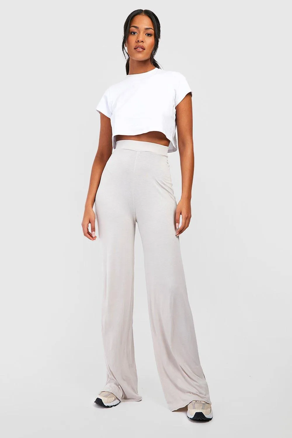 Tall Basic Wide Leg Highwaisted Split Hem Jersey Knit Pants