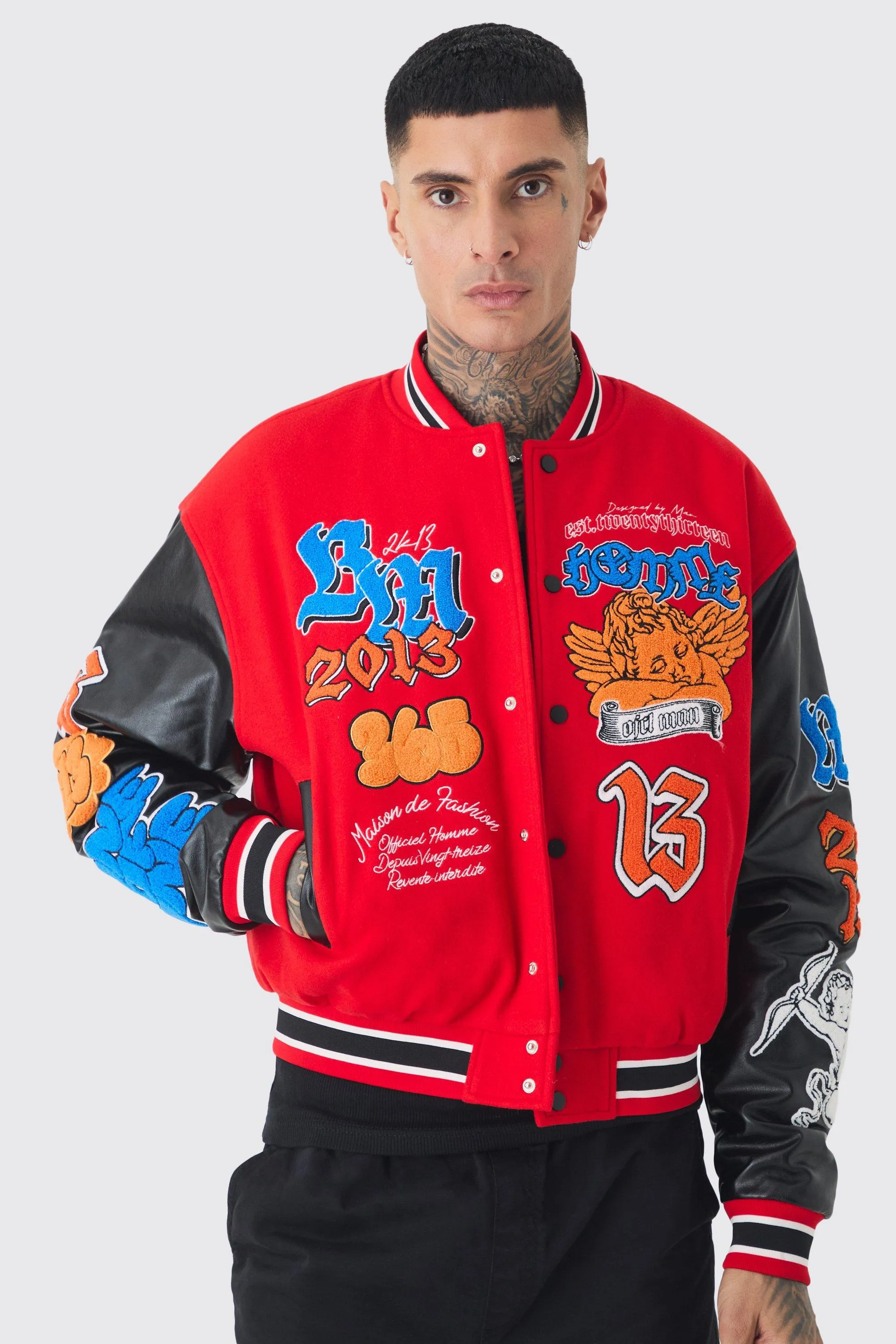 Tall Boxy Homme Badge PU Sleeve Varsity Jacket In Red