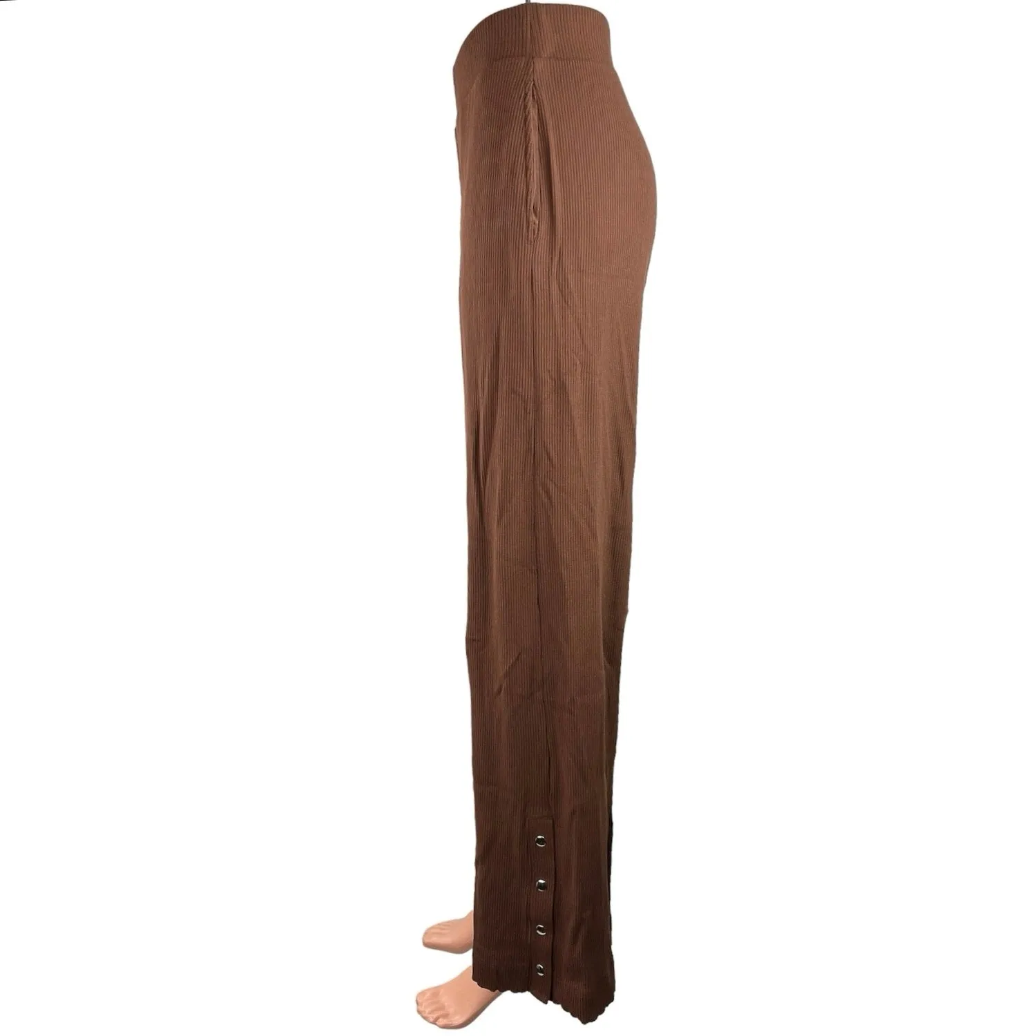 Terez Brown High Rise Pull On Stretch Knit Button Hem Wide Leg Pants Size S