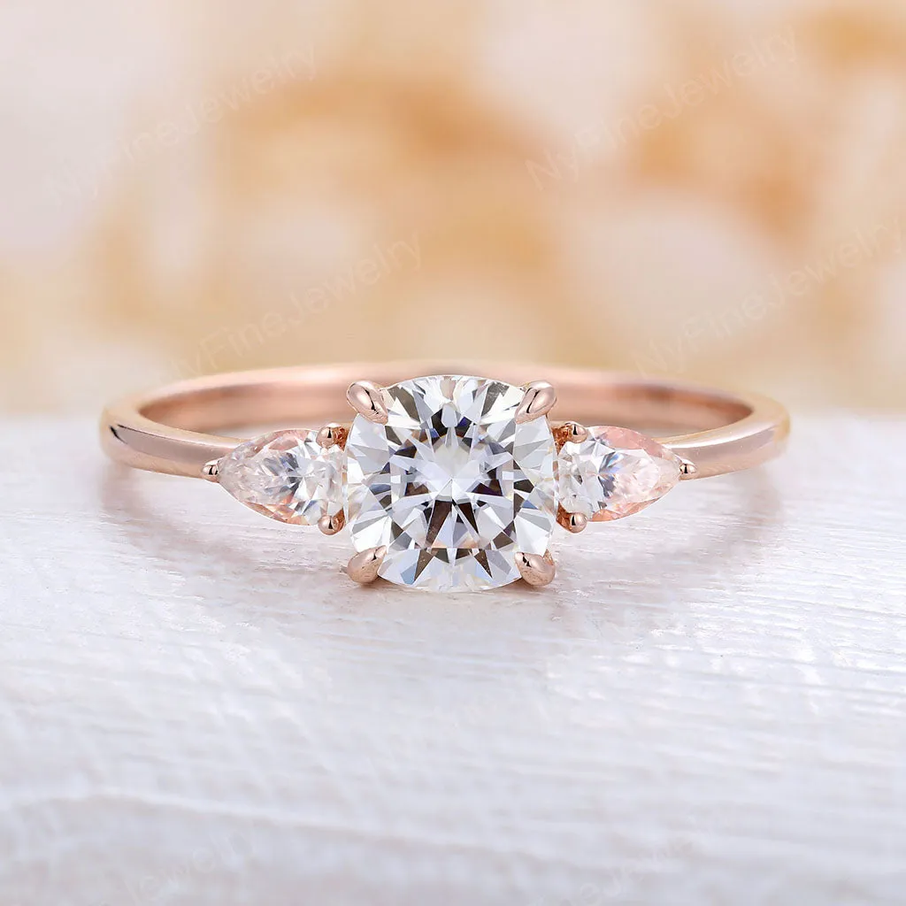 Three Stone Cushion & Pear Moissanite Engagement Ring Rose Gold