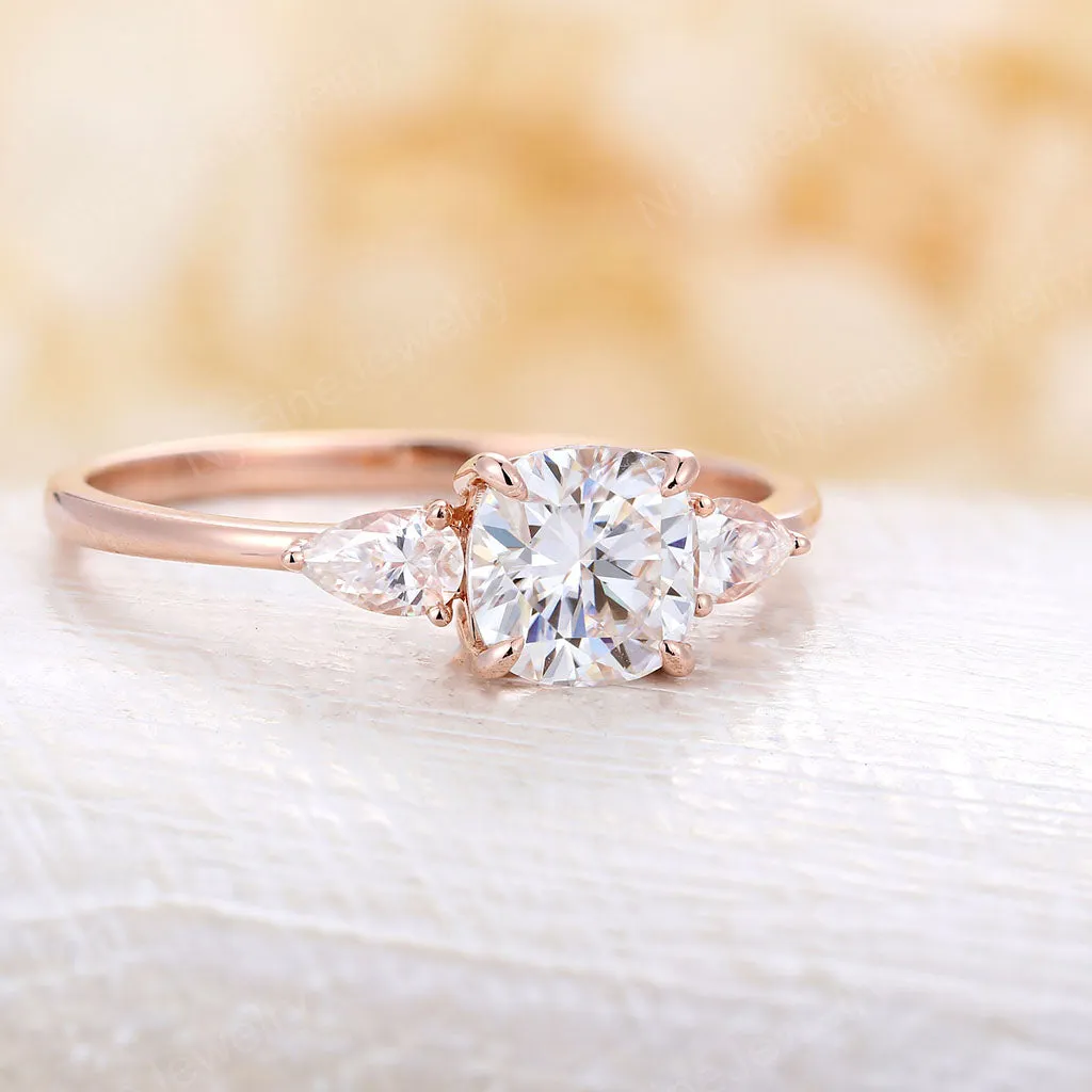 Three Stone Cushion & Pear Moissanite Engagement Ring Rose Gold