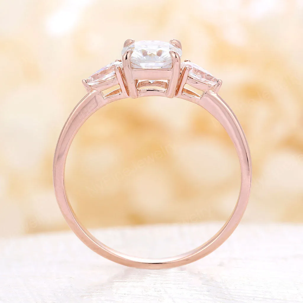 Three Stone Cushion & Pear Moissanite Engagement Ring Rose Gold