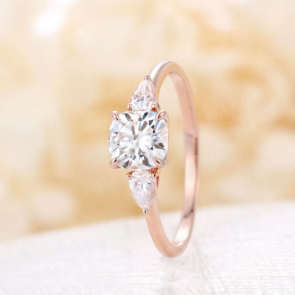 Three Stone Cushion & Pear Moissanite Engagement Ring Rose Gold