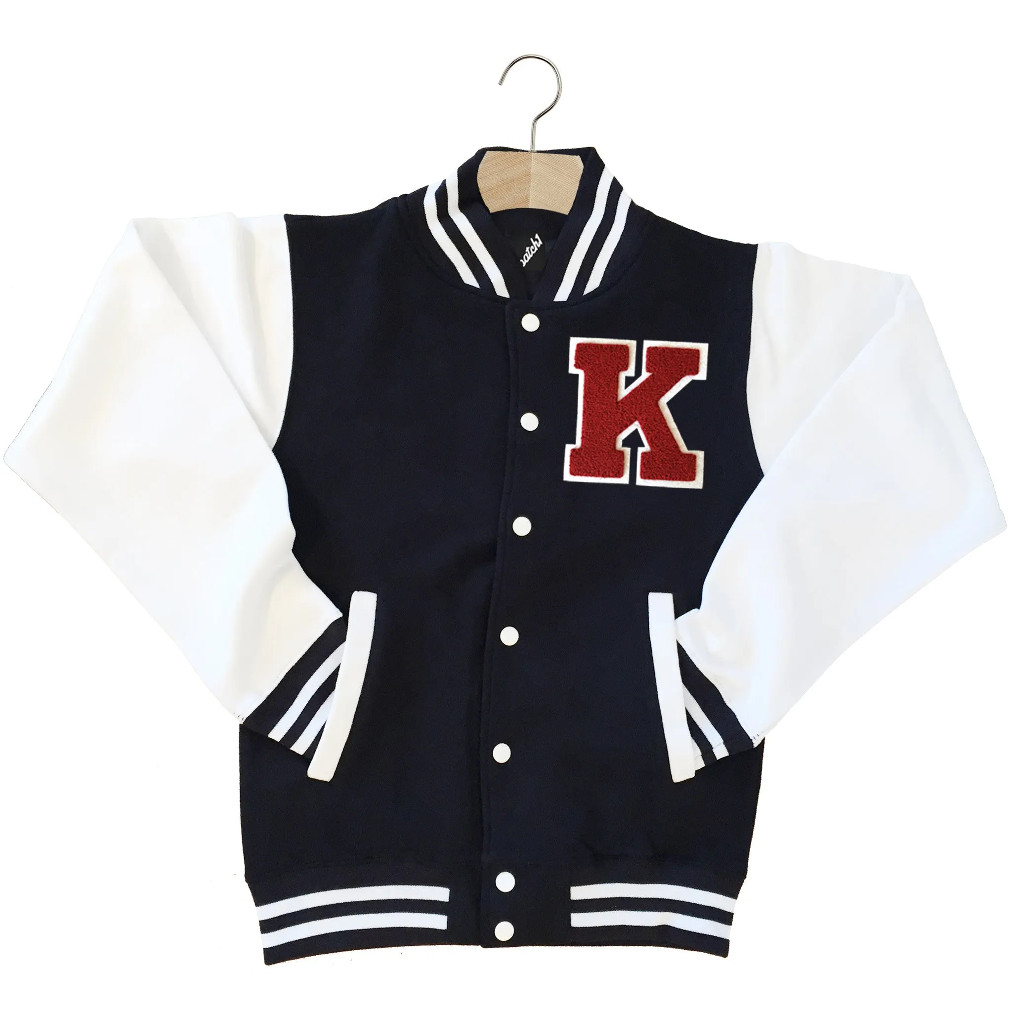 VARSITY BASEBALL JACKET UNISEX PERSONALISED WITH GENUINE US COLLEGE LETTER K