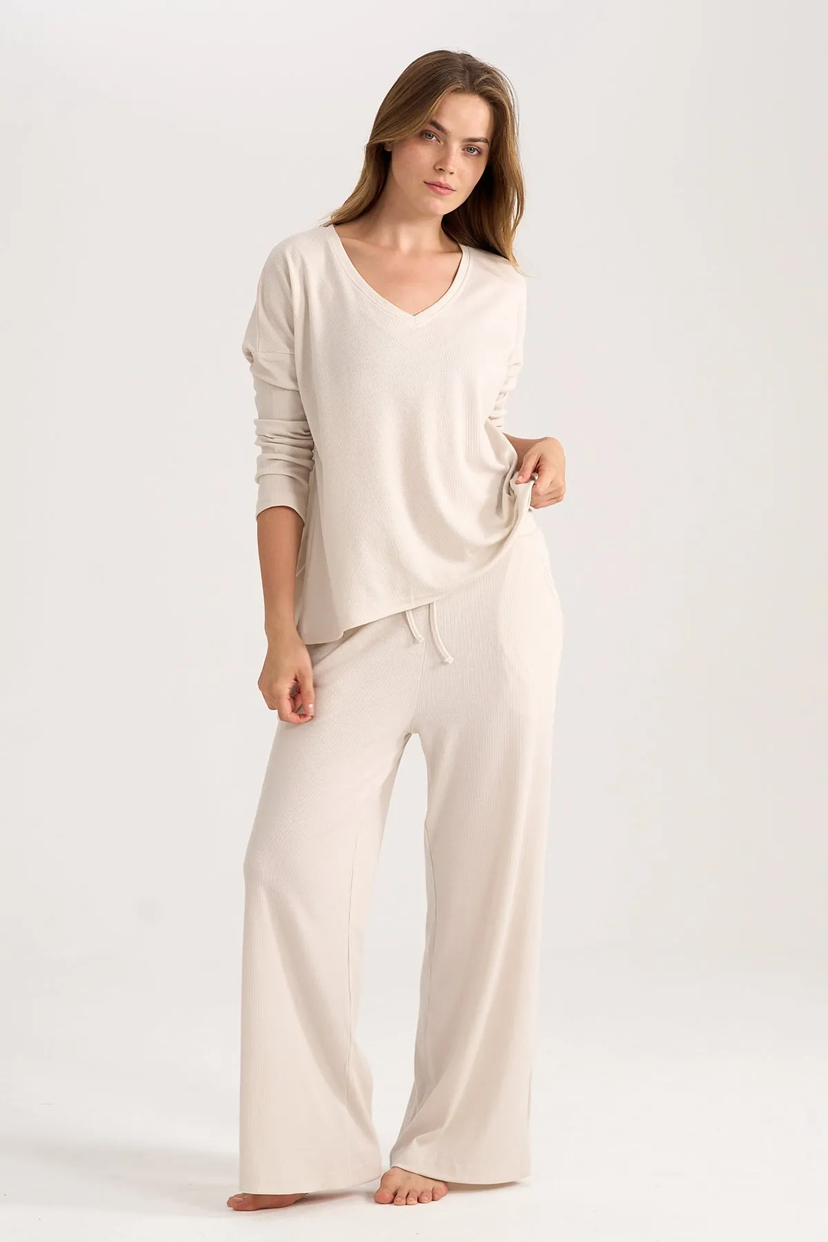 Wide-leg Rib Pants in Stone