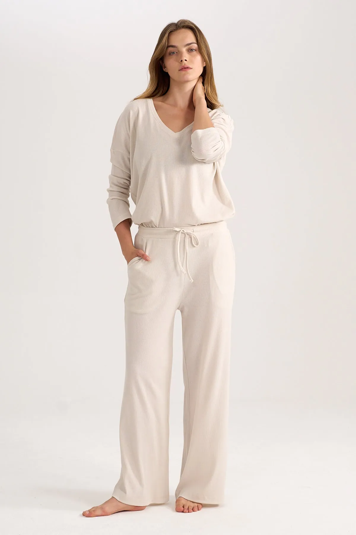 Wide-leg Rib Pants in Stone