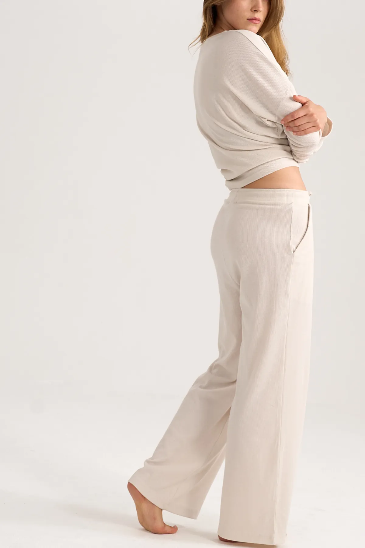 Wide-leg Rib Pants in Stone