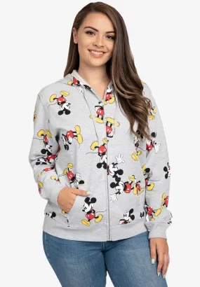 Women's Plus Size Disney Mickey Mouse Zip Hoodie All-Over Print Sweatshirt Gray