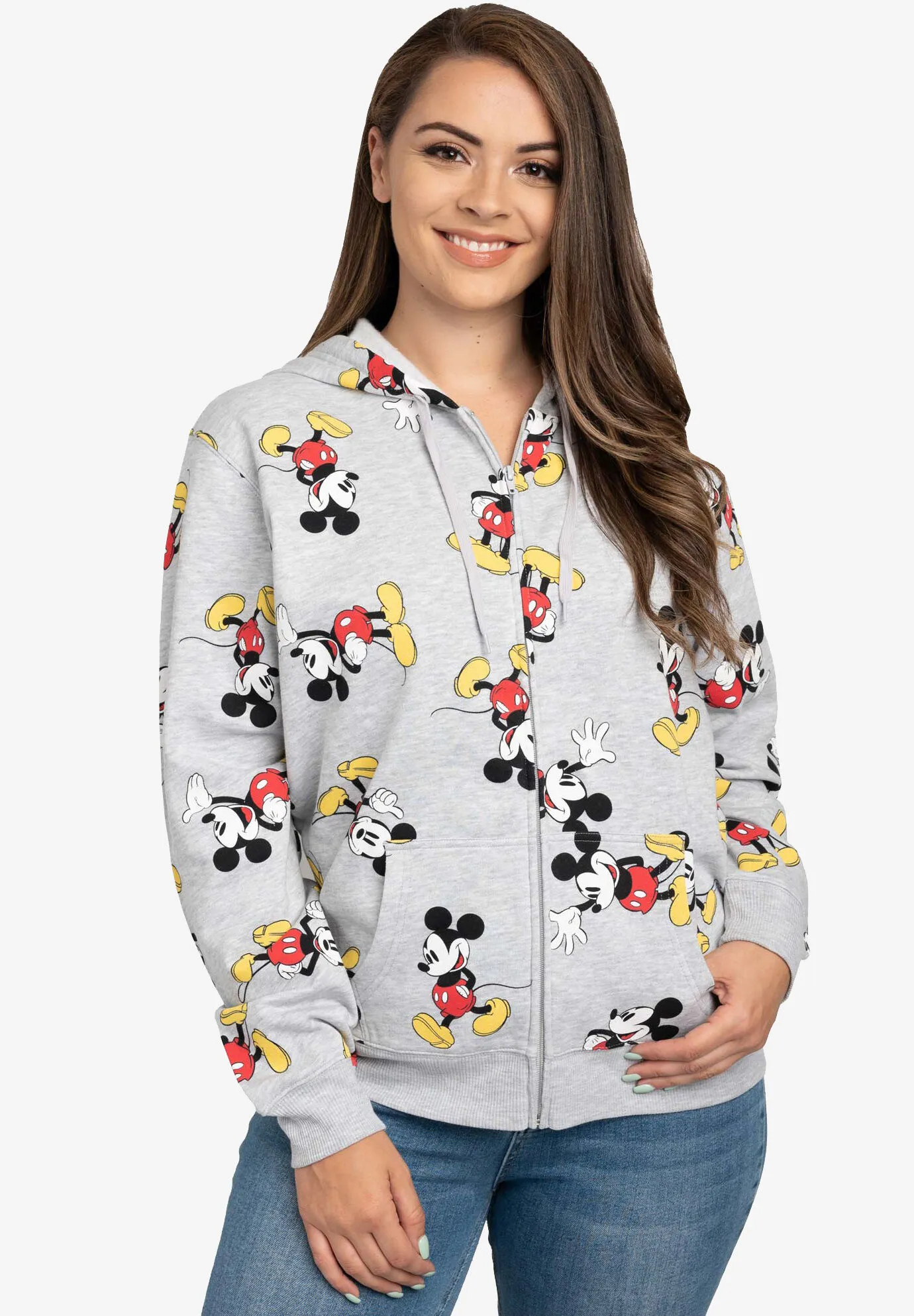 Women's Plus Size Disney Mickey Mouse Zip Hoodie All-Over Print Sweatshirt Gray