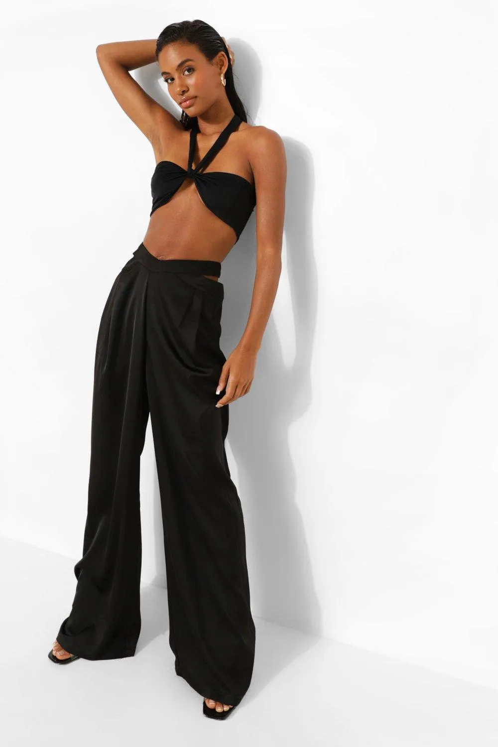 Woven V Waist Cut Out Wide Leg Pants