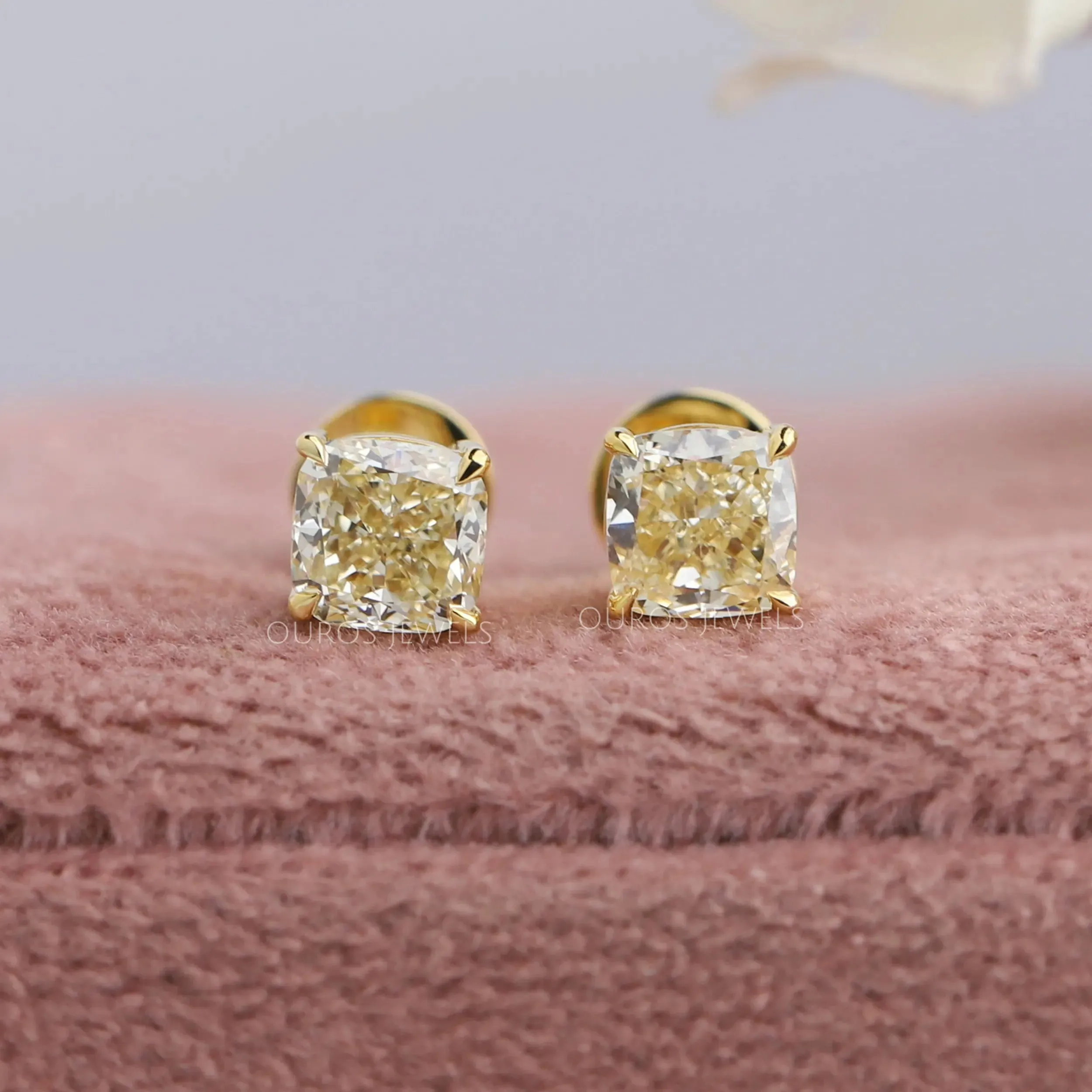 Yellow Cushions Cut Lab Diamond Solitaire Earrings