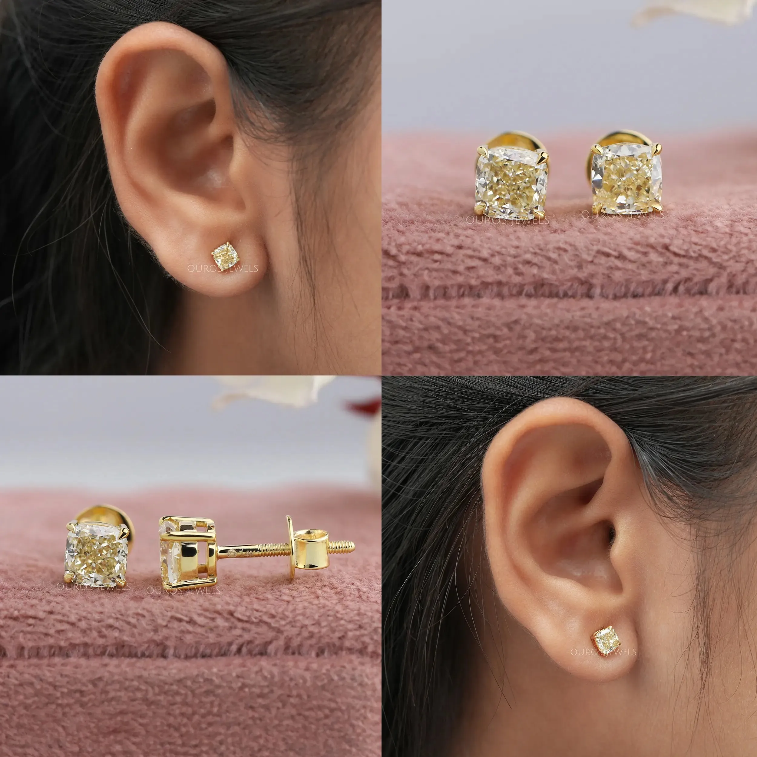 Yellow Cushions Cut Lab Diamond Solitaire Earrings